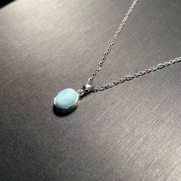 Simple Oval Larimar Pendant Sterling Silver Necklace New - Picture 3 of 9